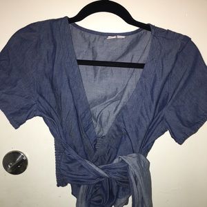 Blue front-tie blouse
